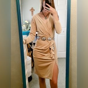 NEW WITH TAGS! Formal Tan Velvet Wrap Bodycon Dress